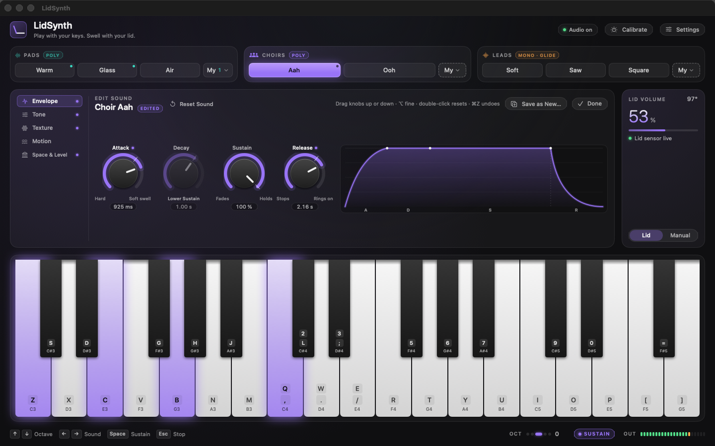 LidSynth sound editor with attack, decay, sustain, release and an envelope curve