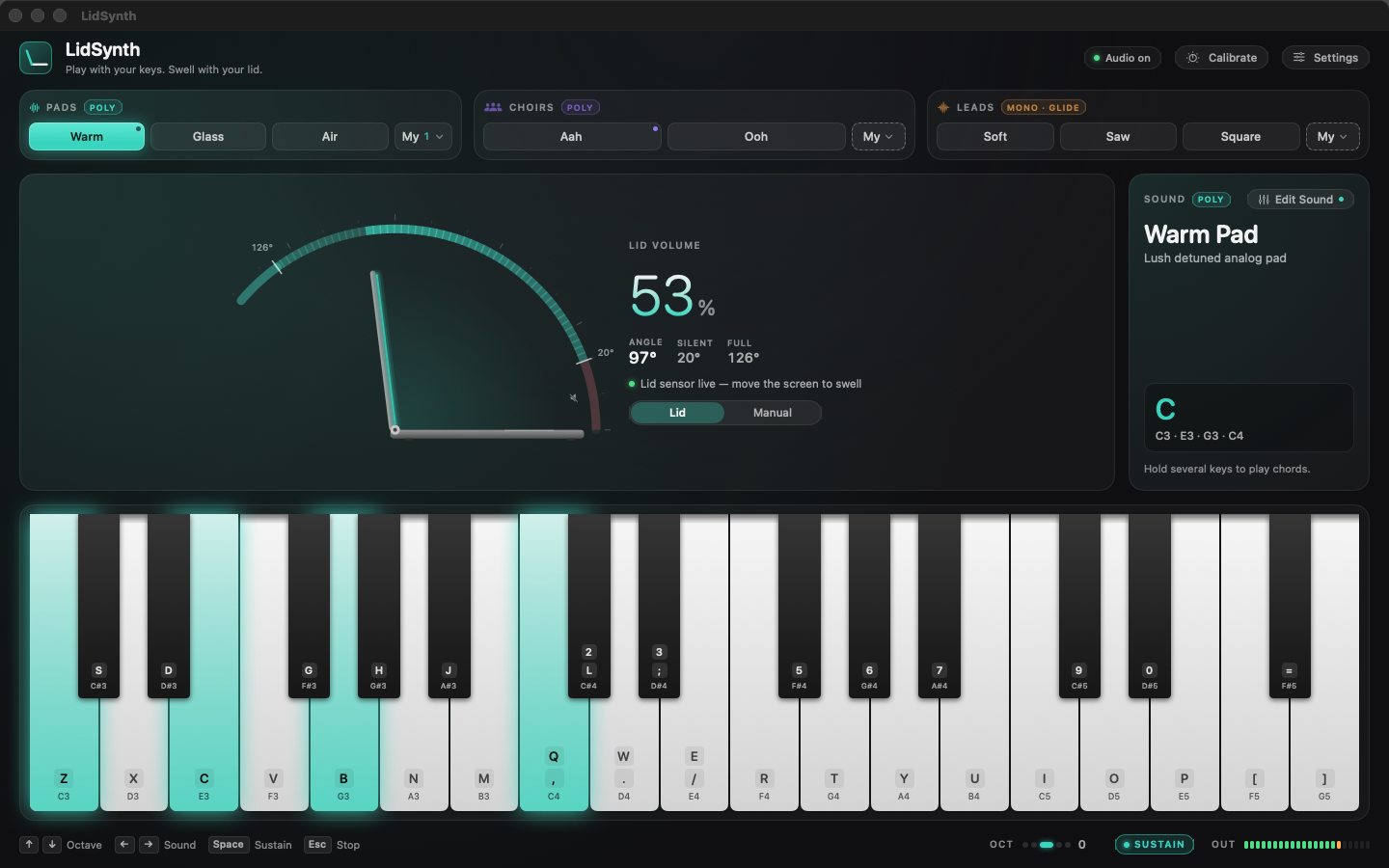 LidSynth running with a piano keyboard, sound presets and a live lid volume gauge
